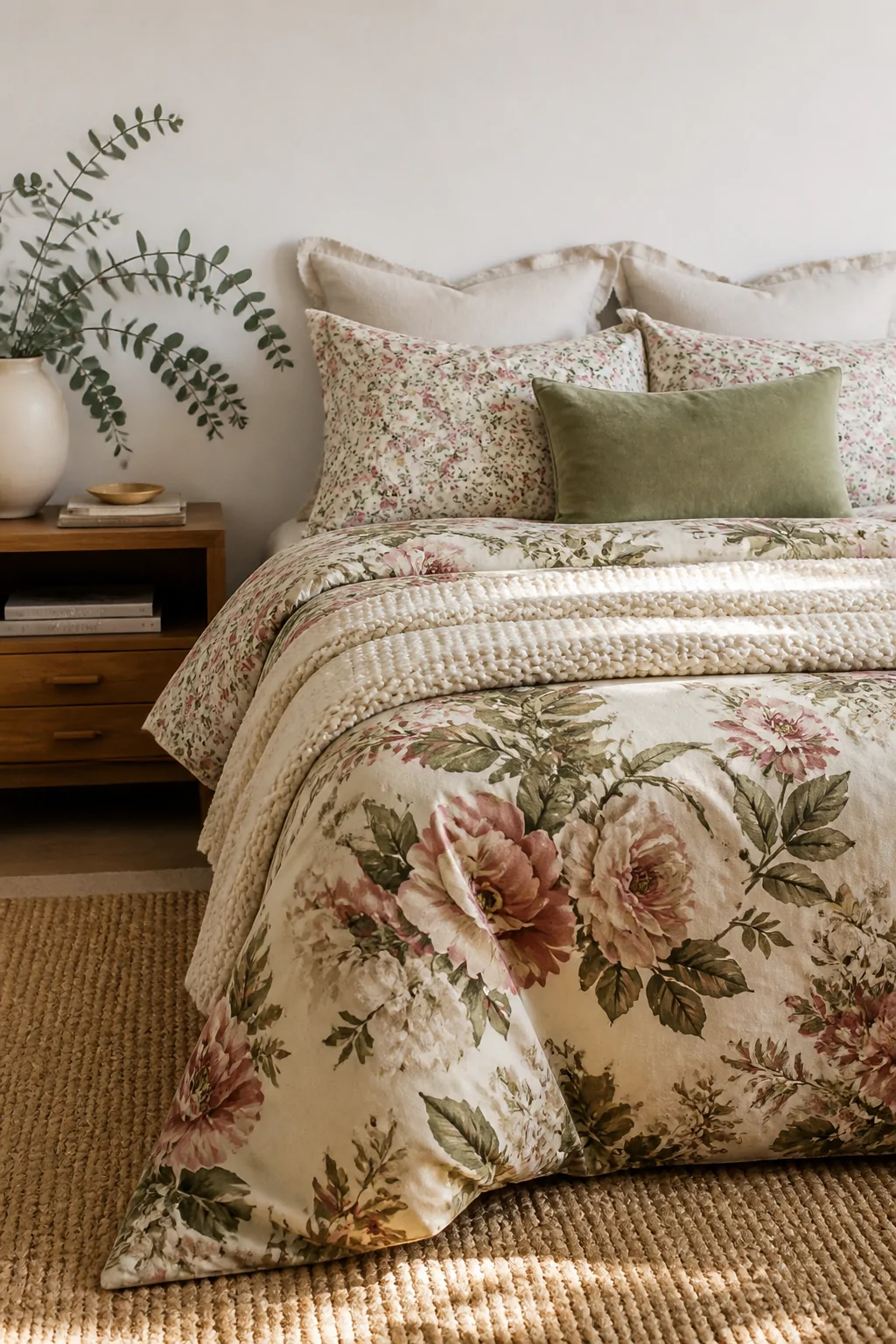 Wide editorial-style shot of a professionally layered bed featuring a large-scale bold vintage floral duvet in deep cream, du