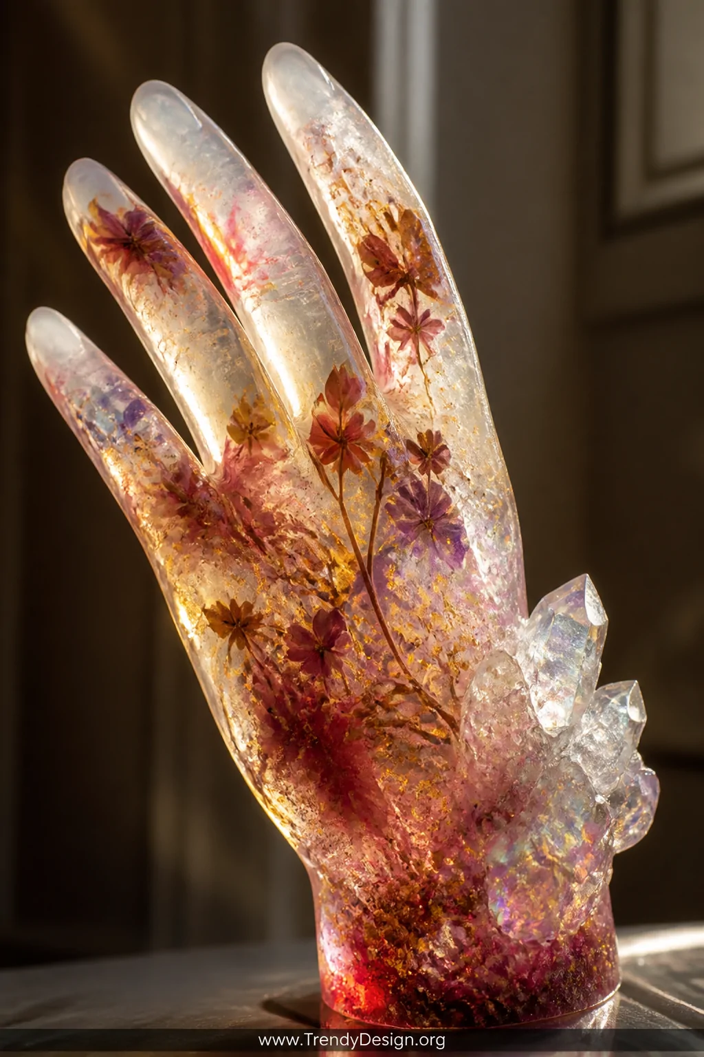 A close macro detail shot of a translucent wax hand sculpture with swirling marbled layers of colored wax visible through the