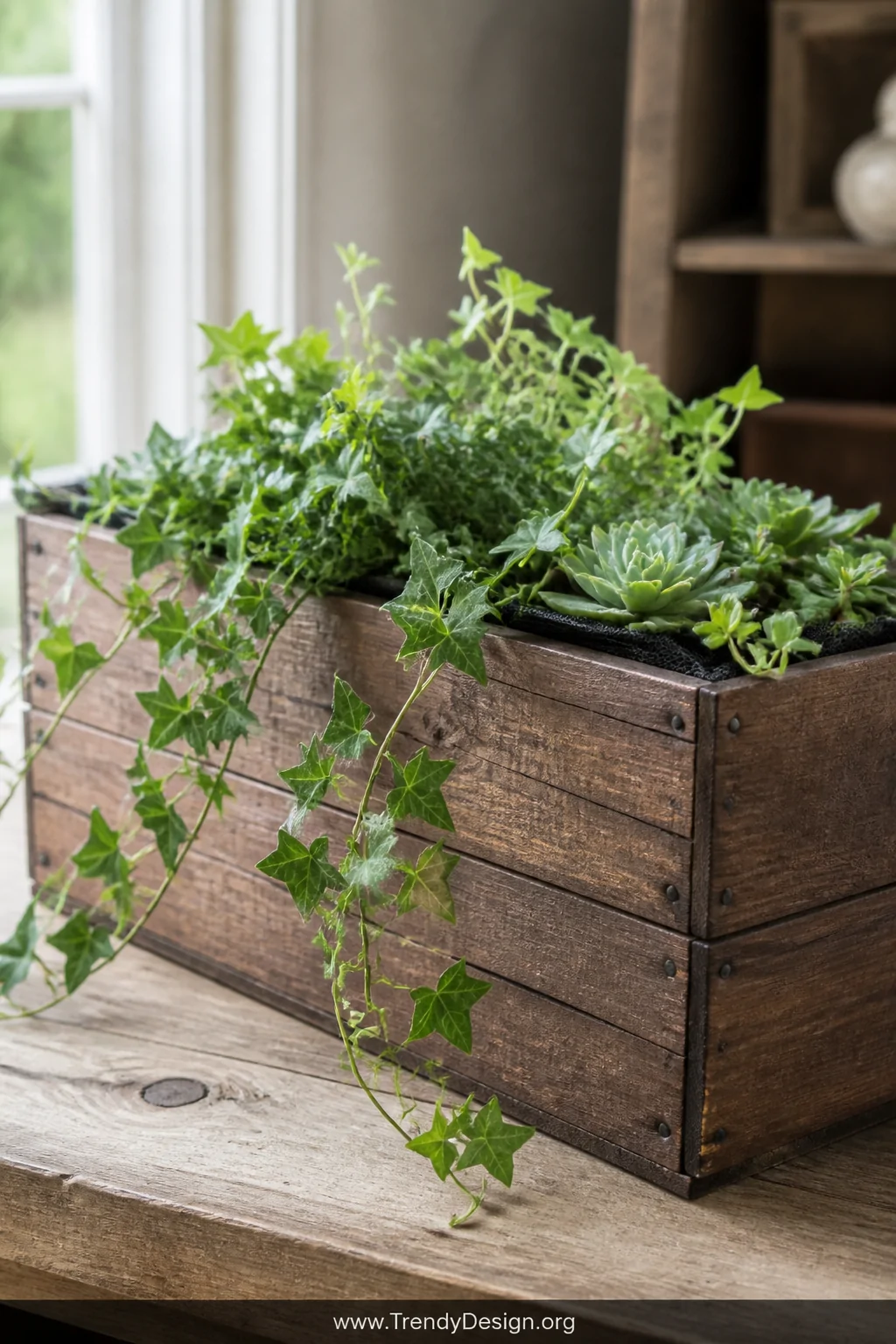A close-up shot of a rustic rectangular planter box constructed from flat wood slats, stained in warm walnut tone, sitting on