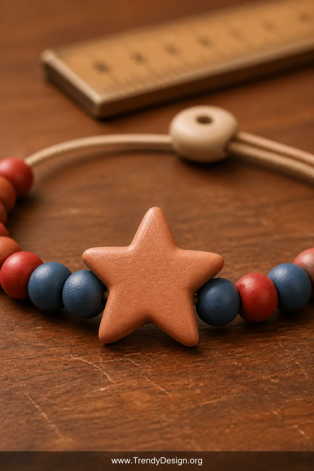 A close-up detail shot of a single clay bead bracelet laid across a wooden craft table, featuring a large star-shaped clay be