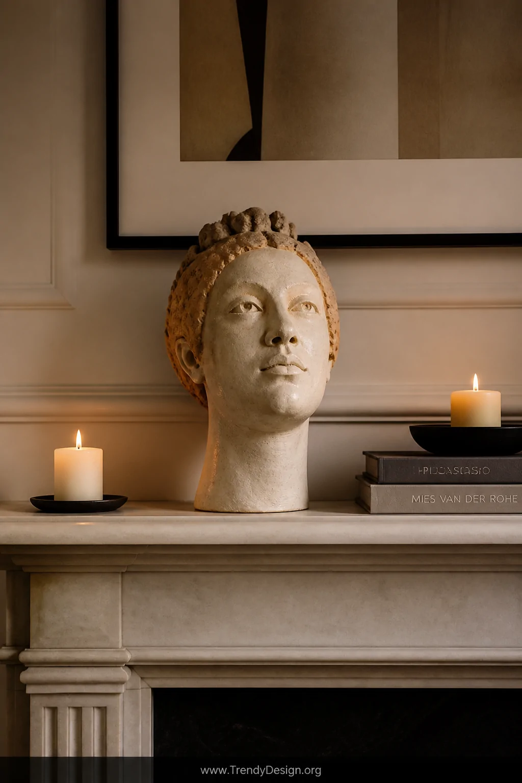 A medium shot of a living room mantel displaying a single custom glazed ceramic portrait clay head sculpture in warm ivory an