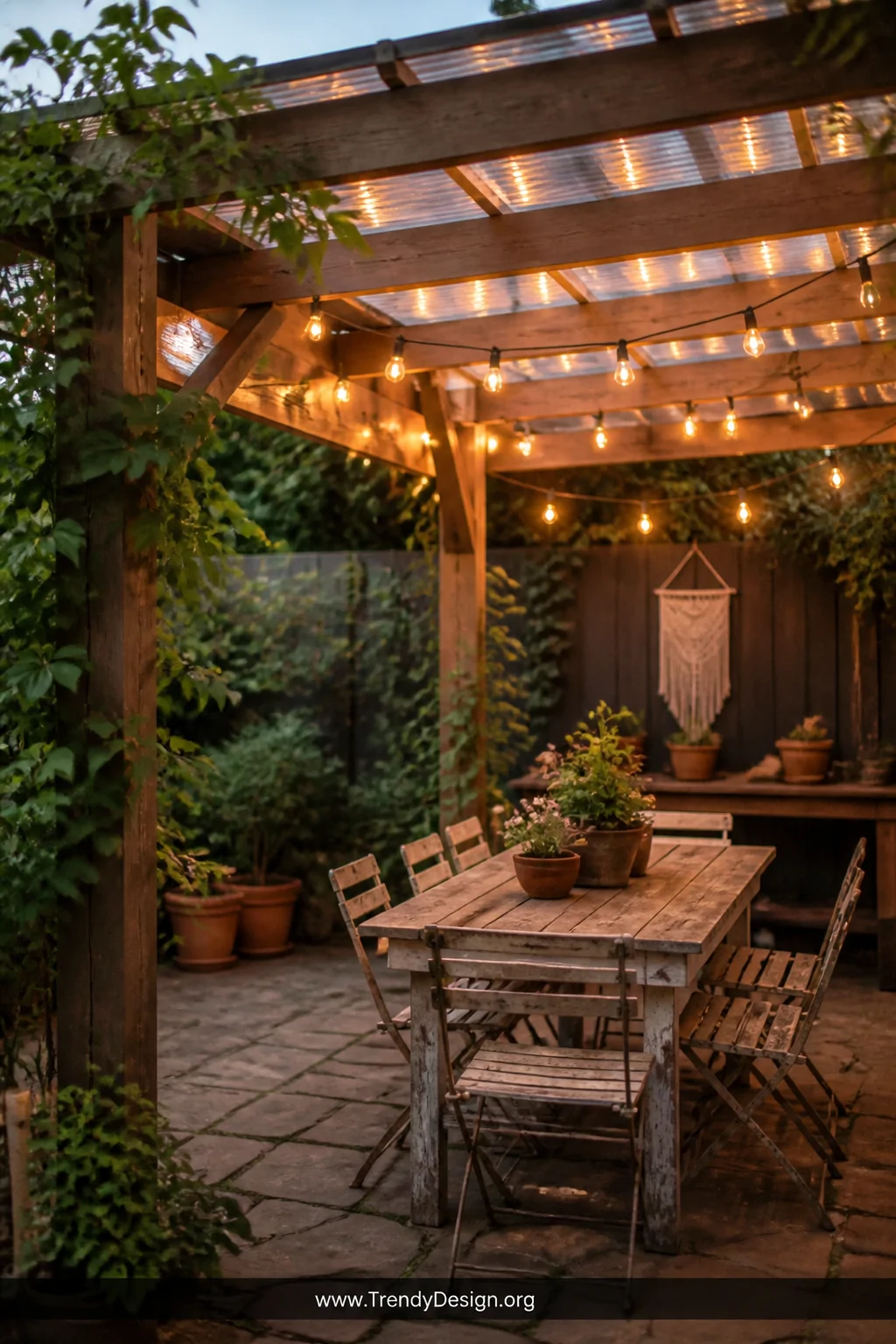A medium shot of a romantic backyard pergola with rustic pressure-treated wooden beams topped with slightly spaced clear poly