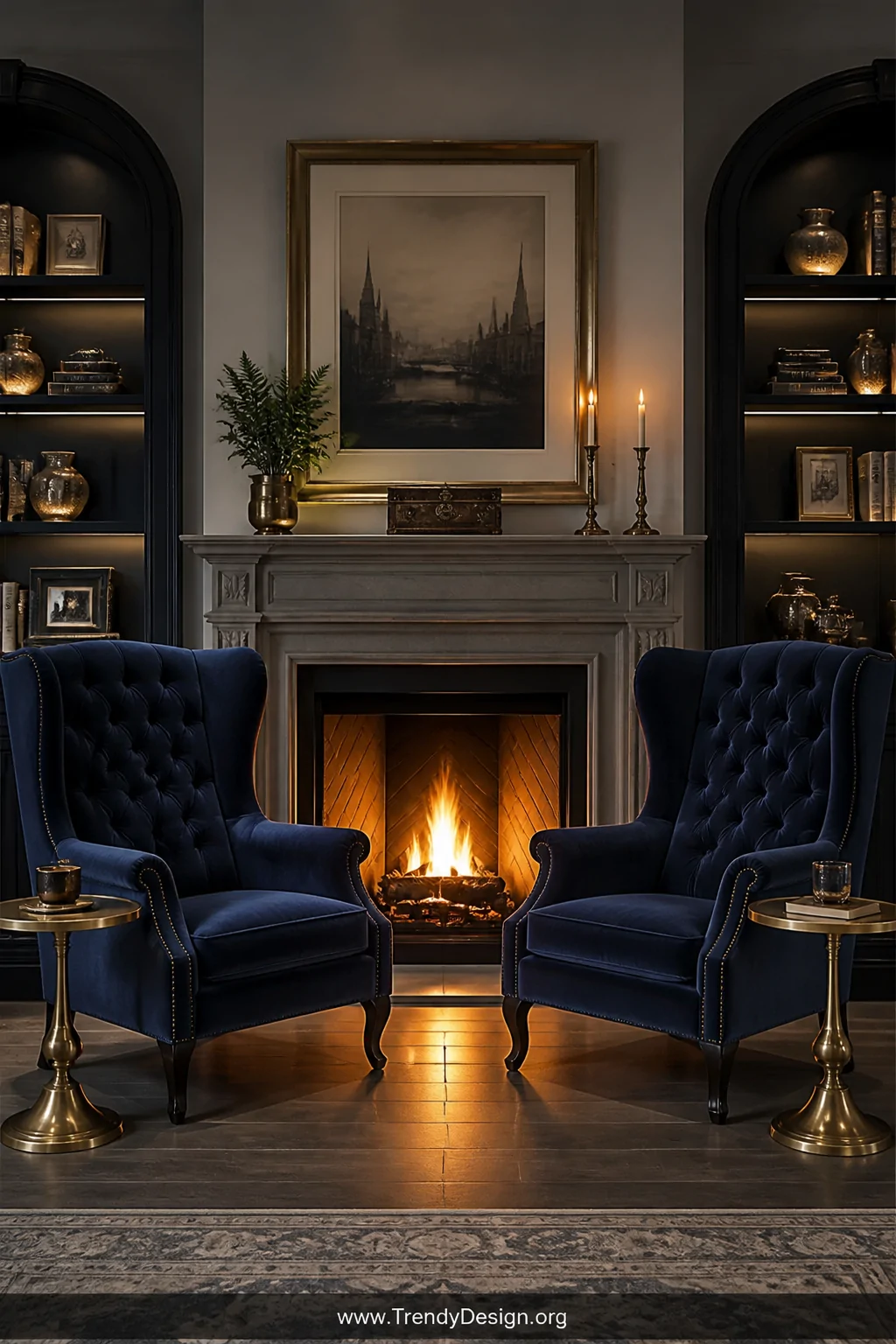 A medium-wide photorealistic interior shot of two tufted navy blue velvet wingback accent chairs symmetrically flanking a fir