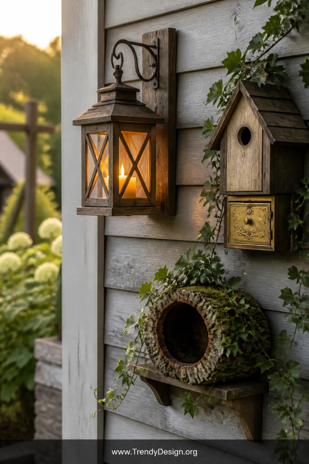 A medium wide shot of a charming rustic wooden wall-mounted lantern with warm amber candlelight glow mounted on a weathered g