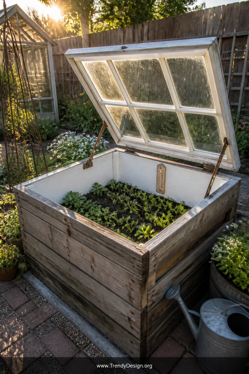 Wide shot of a rustic cold frame greenhouse built from weathered wooden pallet boards with a salvaged storm window propped op