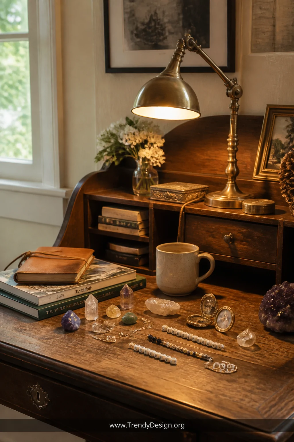 Wide shot of a warm personal study corner featuring an antique writing desk covered with an intimate collection of alphabet l