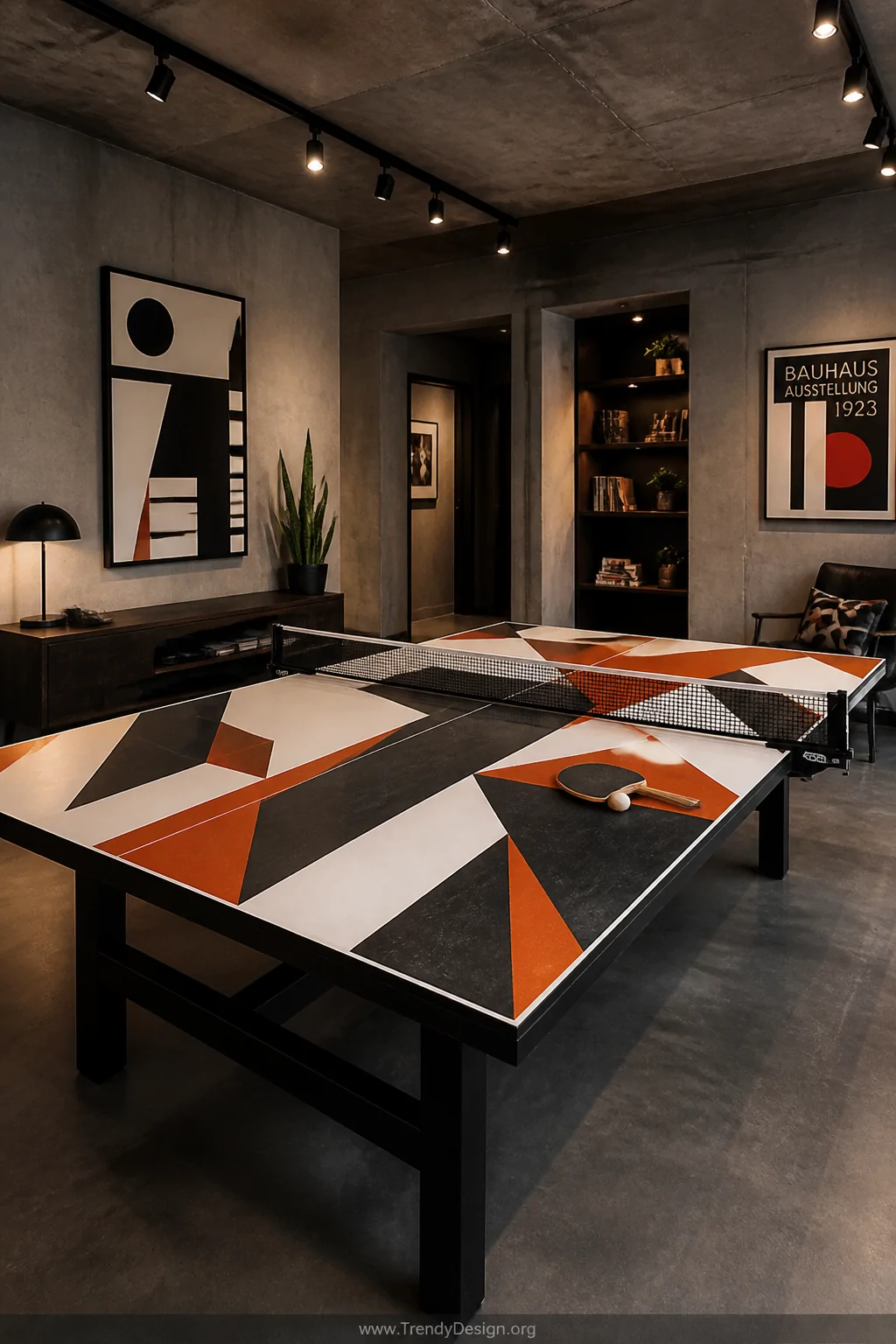 Medium shot of a vibrant game room showcasing a custom painted ping pong table with bold geometric patterns in black, white, 