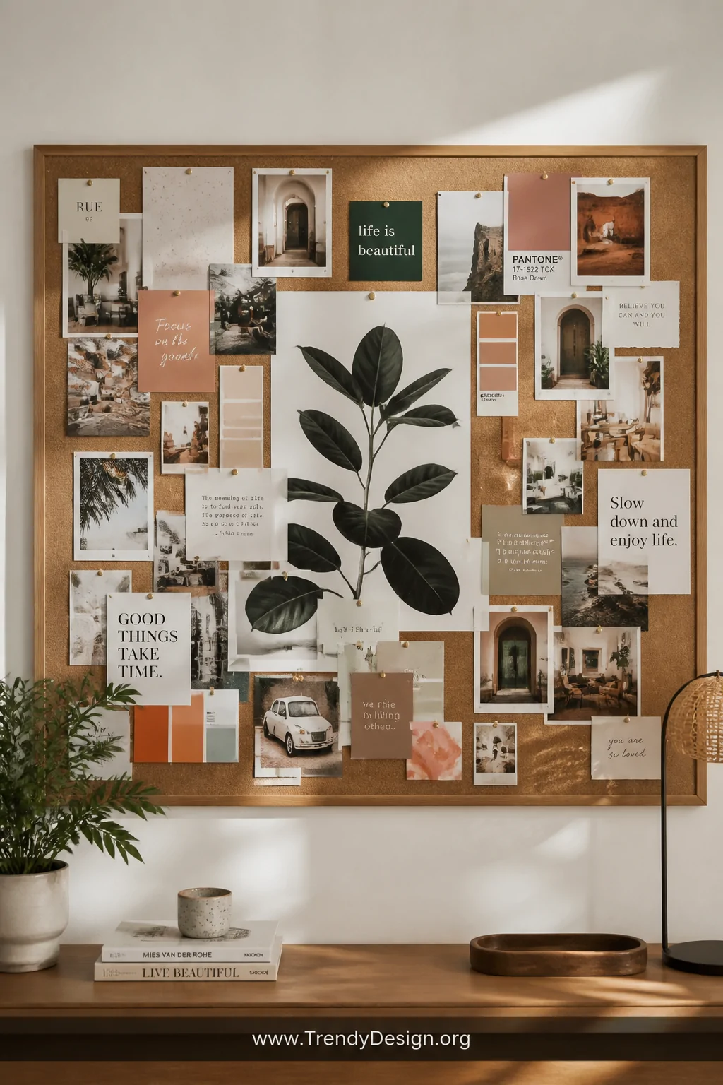 A wide shot of a large corkboard mounted on a warm white wall covered in an intentionally layered collage of overlapping maga