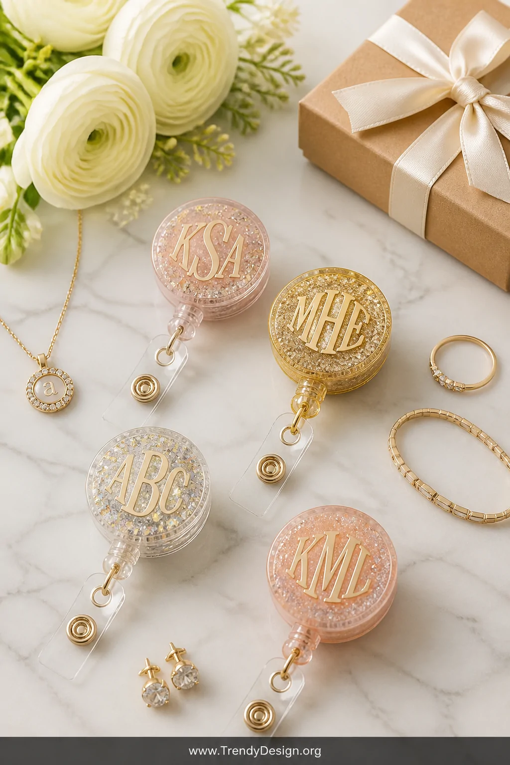 A medium overhead flat-lay shot on a pale marble surface of several acrylic monogram badge reels in blush pink, champagne gol