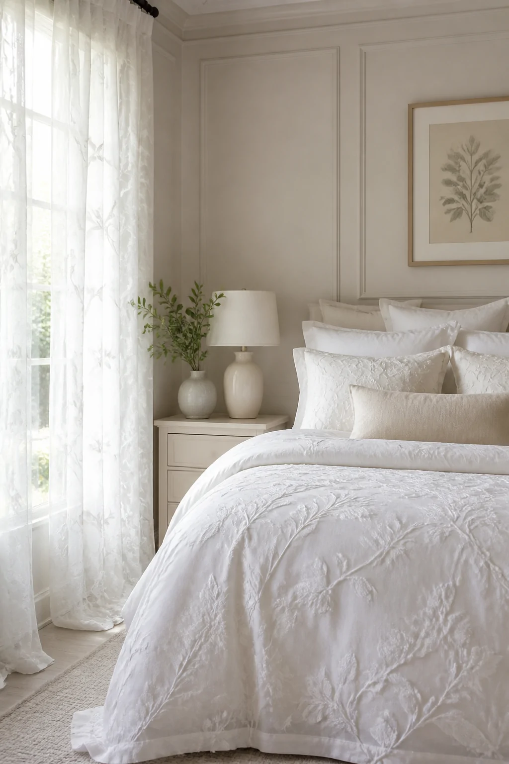 Medium shot of an elegantly cohesive bedroom corner anchored by a white-on-white floral duvet with subtle raised texture, cre