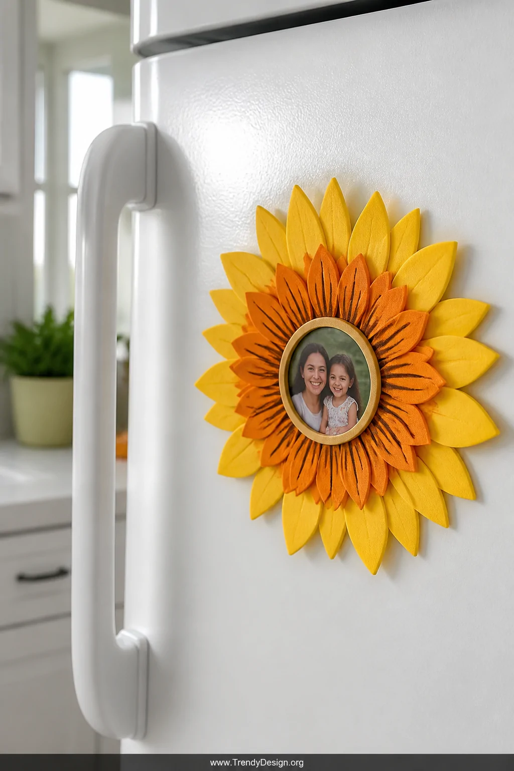 A close-up detail shot of a sunflower magnet portrait mounted on a white refrigerator door, craft foam petals layered in grad