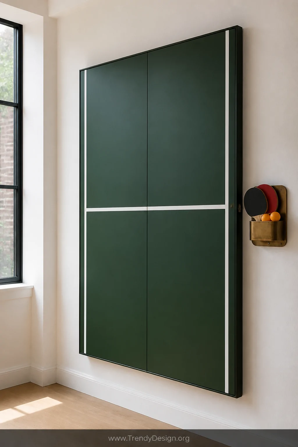 Closeup detail shot of a wall-mounted fold-down ping pong table panel painted in deep forest green flush against a white wall