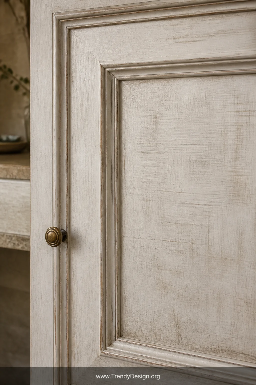 Close-up detail shot of a single bathroom cabinet door finished in layered limewash paint with visible cross-hatch brush stro