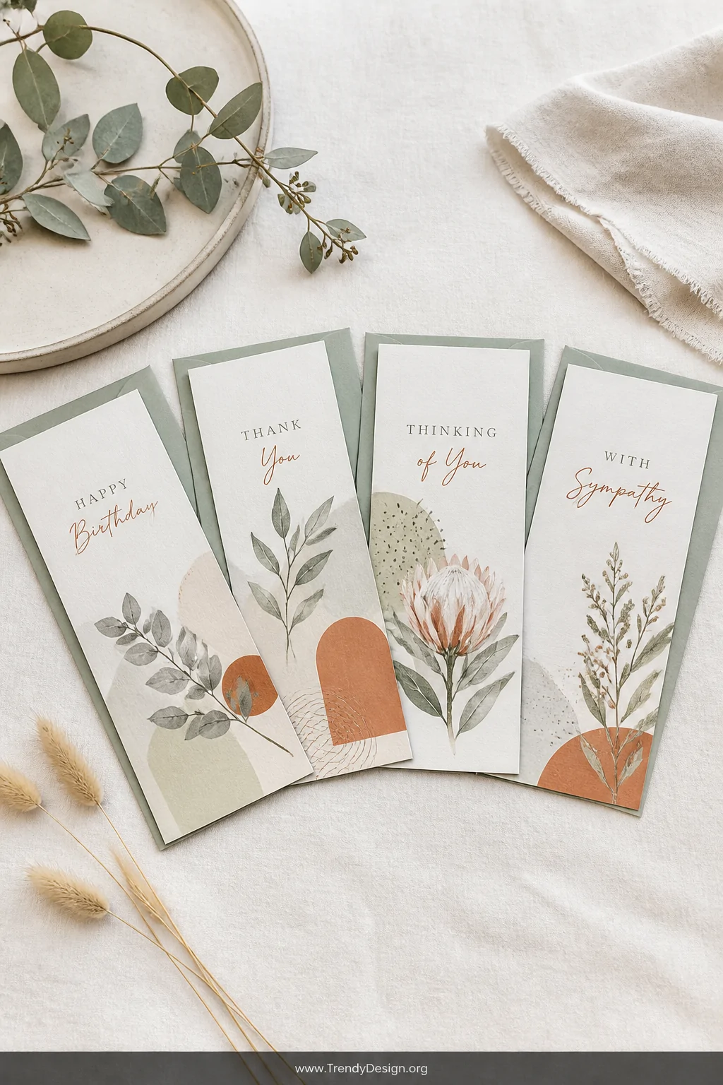 A wide styled flat-lay shot on a pale cream linen surface showing a cohesive set of four slimline cards fanned out in a sligh