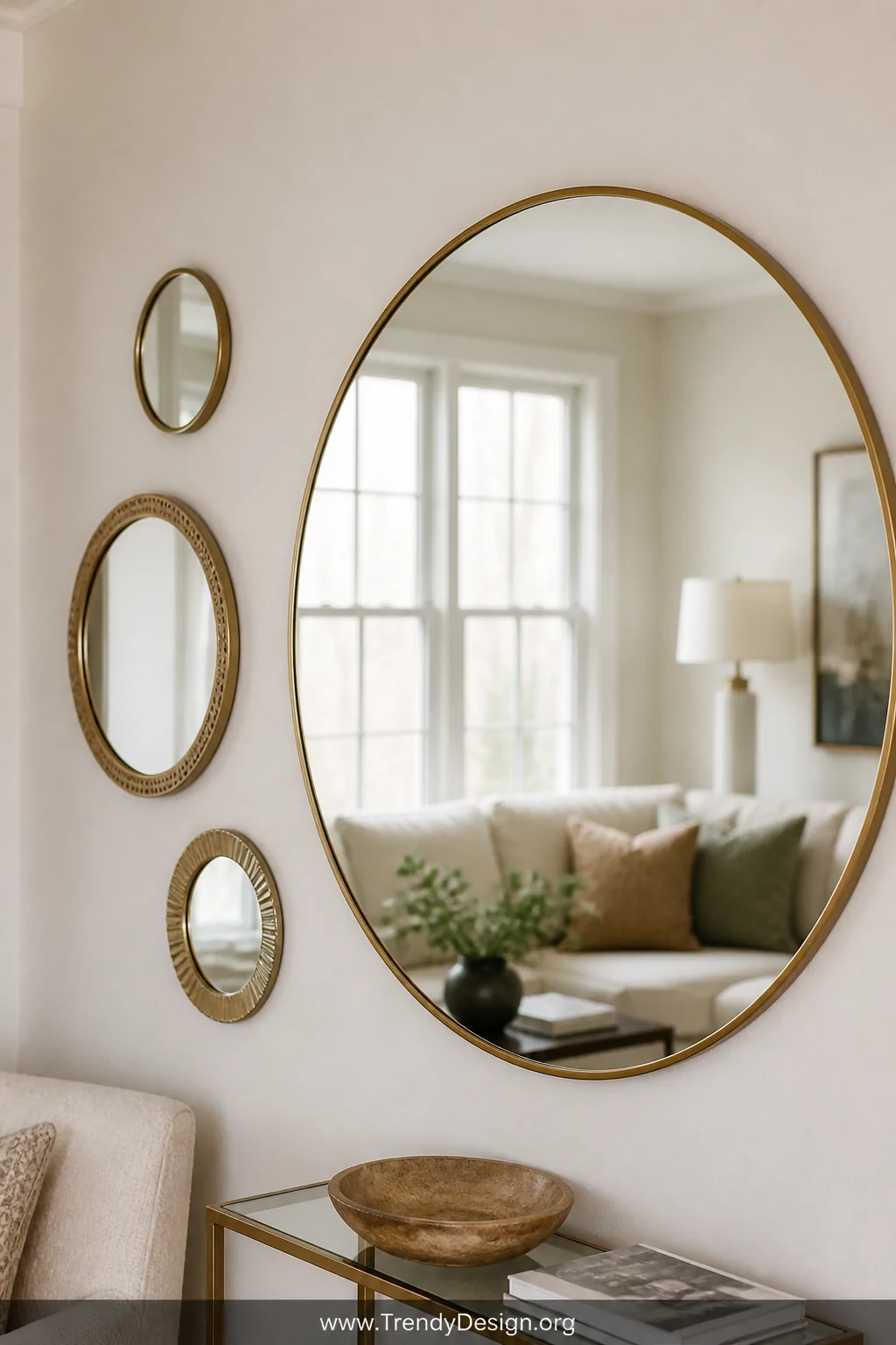Detail shot of a large round brass-framed mirror mounted opposite a bright window in a small lounge room, reflecting doubled 