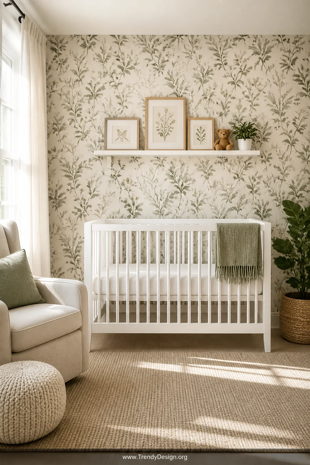 Wide-angle photorealistic interior shot of a serene nursery featuring a full accent wall covered in a soft muted botanical pr