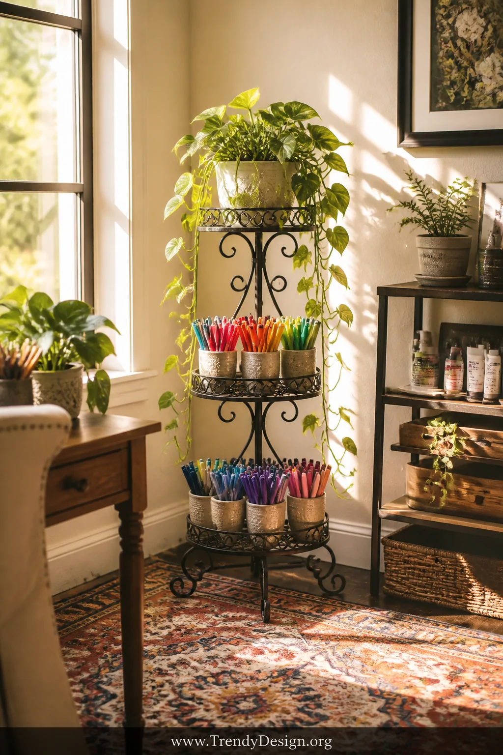 A wide shot of a sunlit creative workspace corner featuring a black wrought-iron tiered plant stand holding small ceramic cup