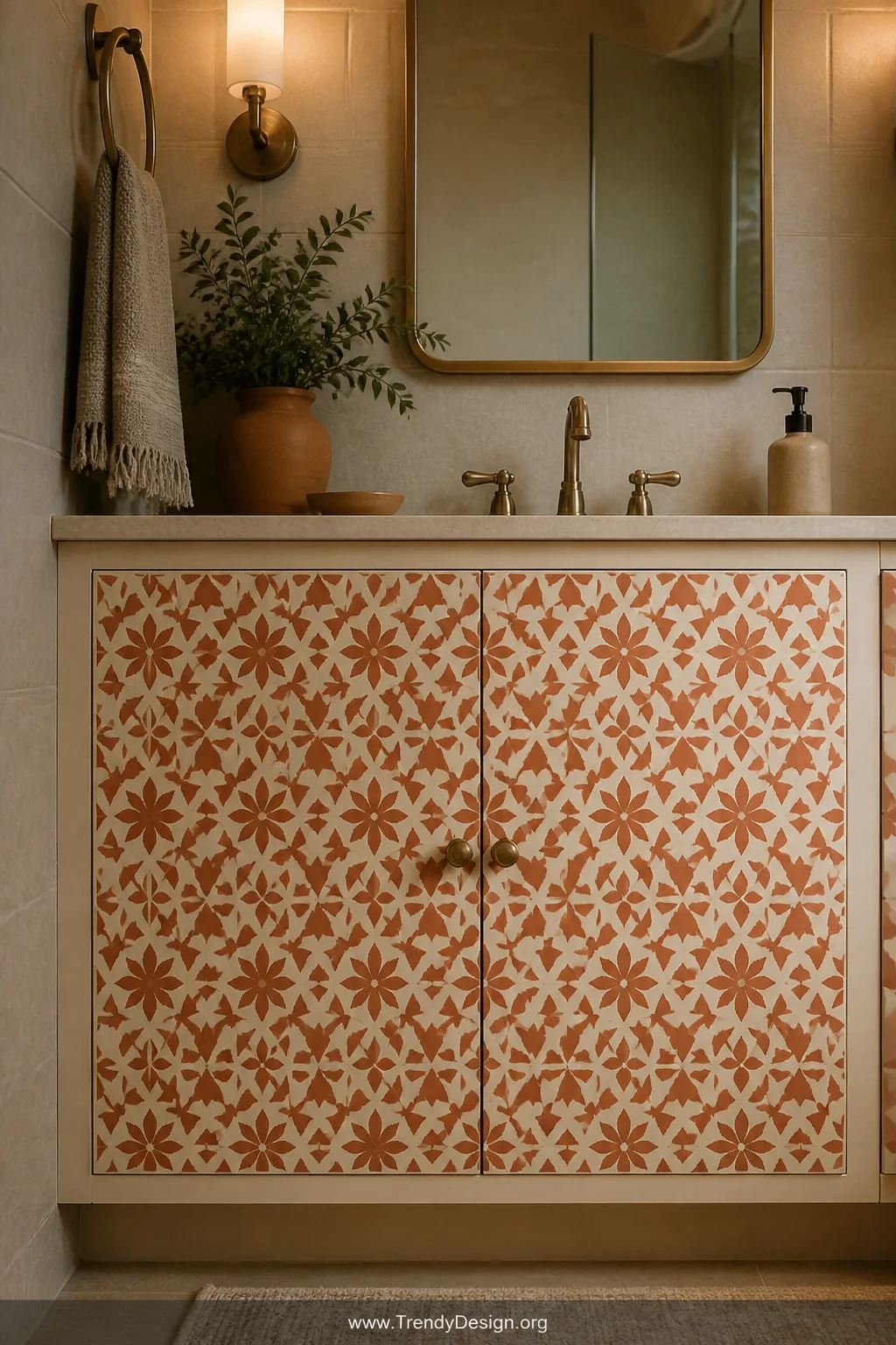 Medium shot of a bathroom cabinet panel featuring a precisely applied Moroccan-style geometric stencil pattern in warm terrac