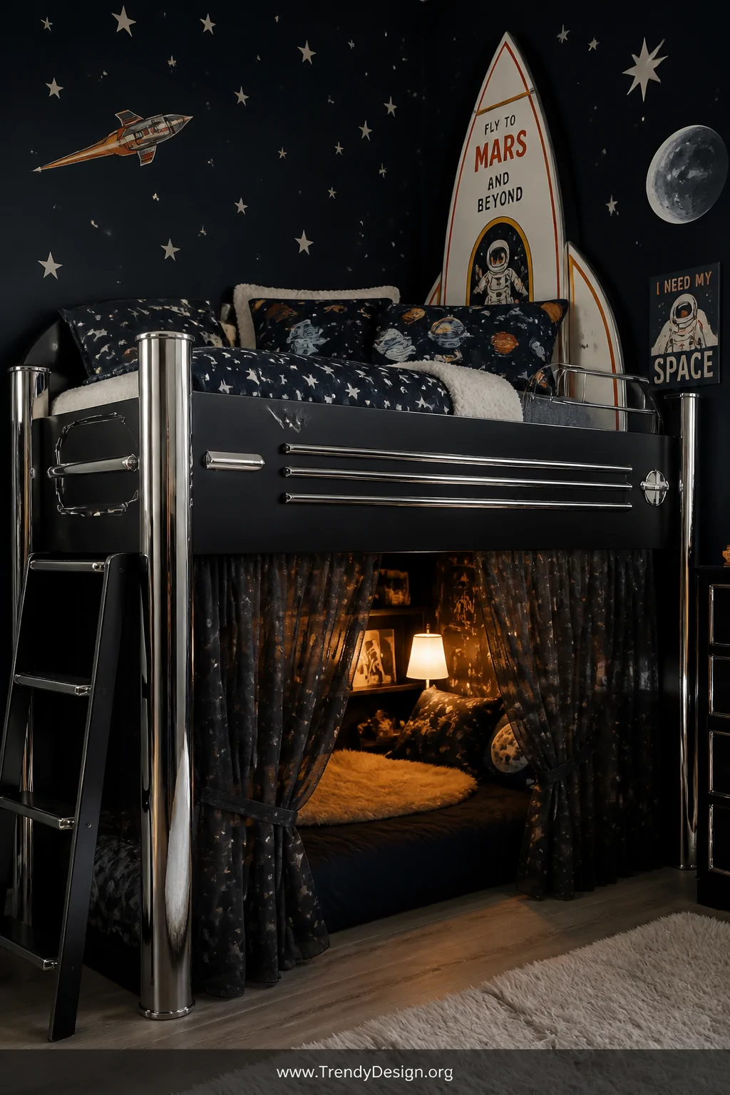 Medium photorealistic shot of a matte black loft bed with sleek chrome accents and a rocket-shaped headboard styled like a 19