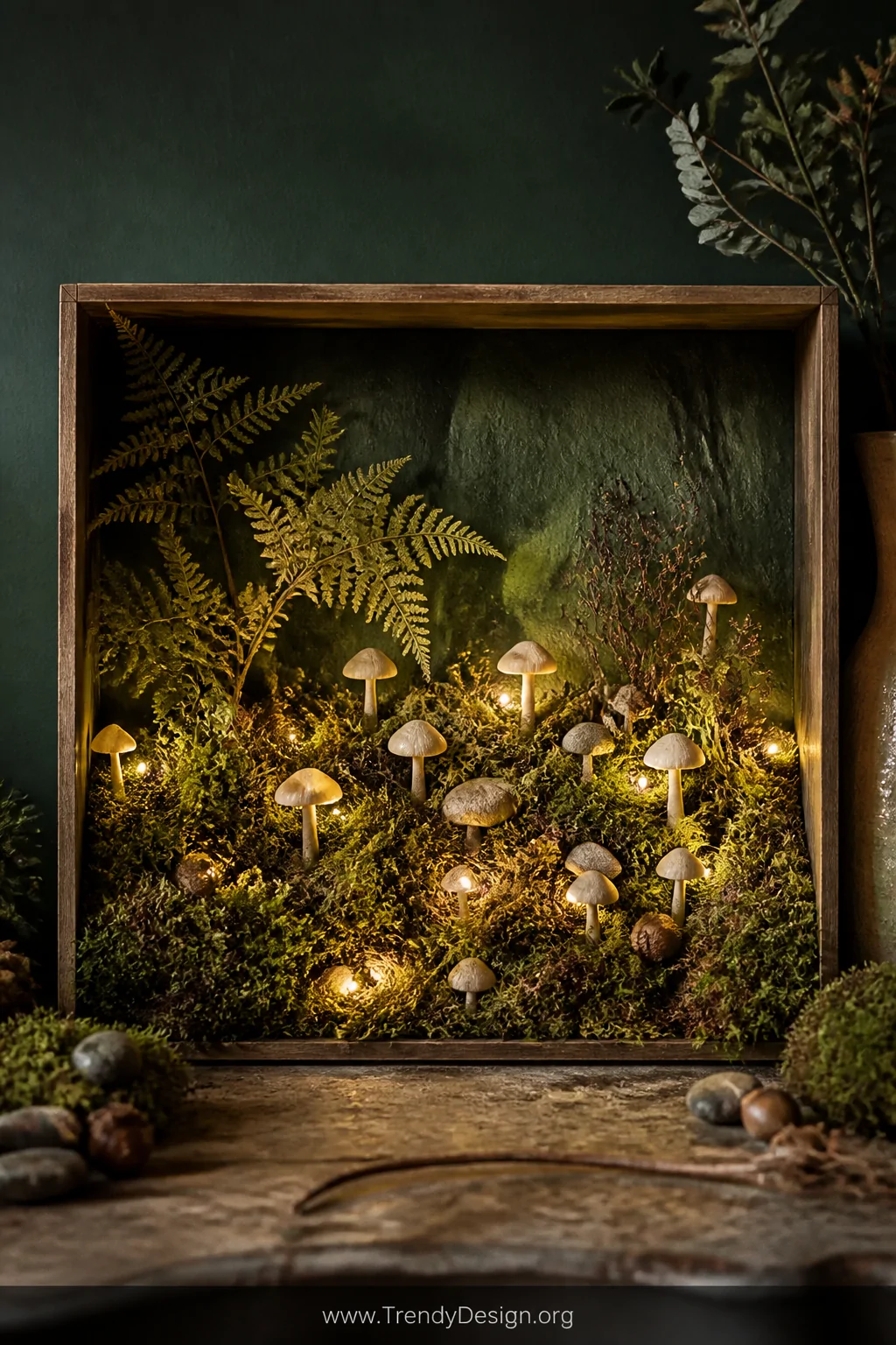 Wide shot of a shallow wooden box diorama displaying an enchanted forest floor scene, layered with dense real dried moss in d