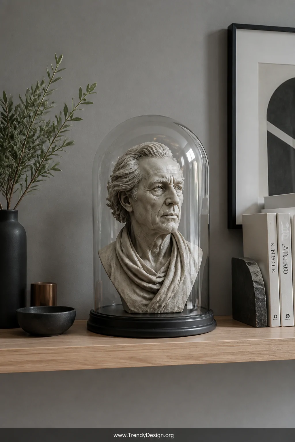 A wide shot of a styled floating shelf in a modern interior displaying a highly detailed 3D printed resin portrait bust resti