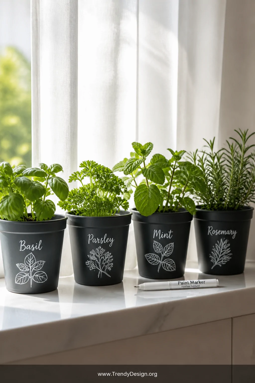 A close-up shot of four small plastic plant pots painted in deep charcoal matte, each labeled in crisp white paint pen typogr