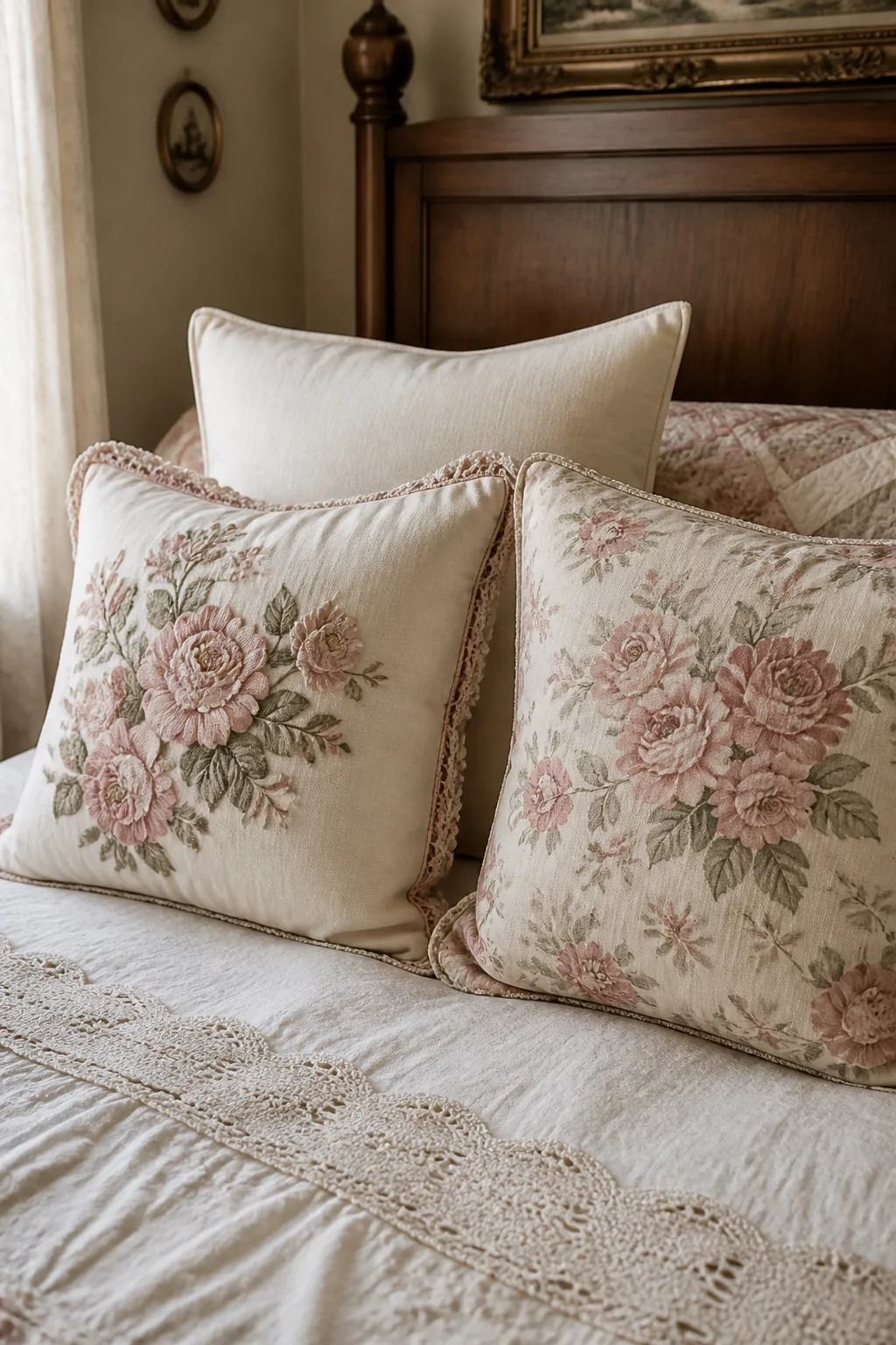 Medium close-up shot of a carefully arranged pillow stack on a made bed, featuring two mismatched vintage floral pillowcases 