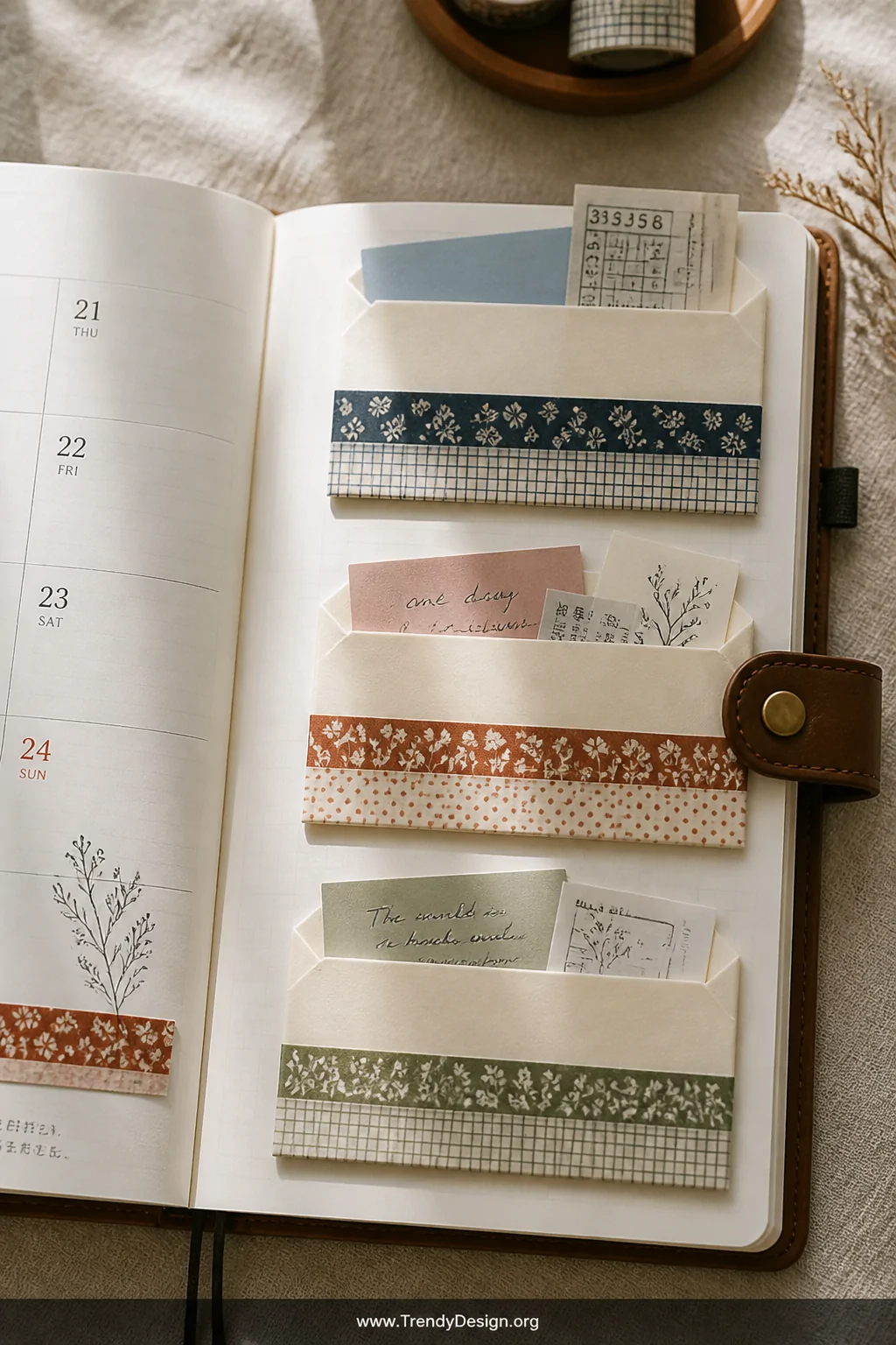 Medium shot of an open planner page featuring three small handmade washi tape pockets crafted from folded cream cardstock, ea