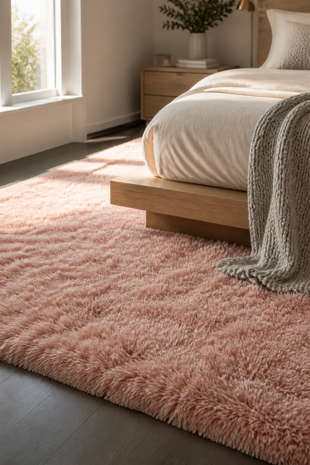 Close-up medium shot of a thick high-pile blush pink shag rug beside a low platform bed with crisp white and warm cream beddi