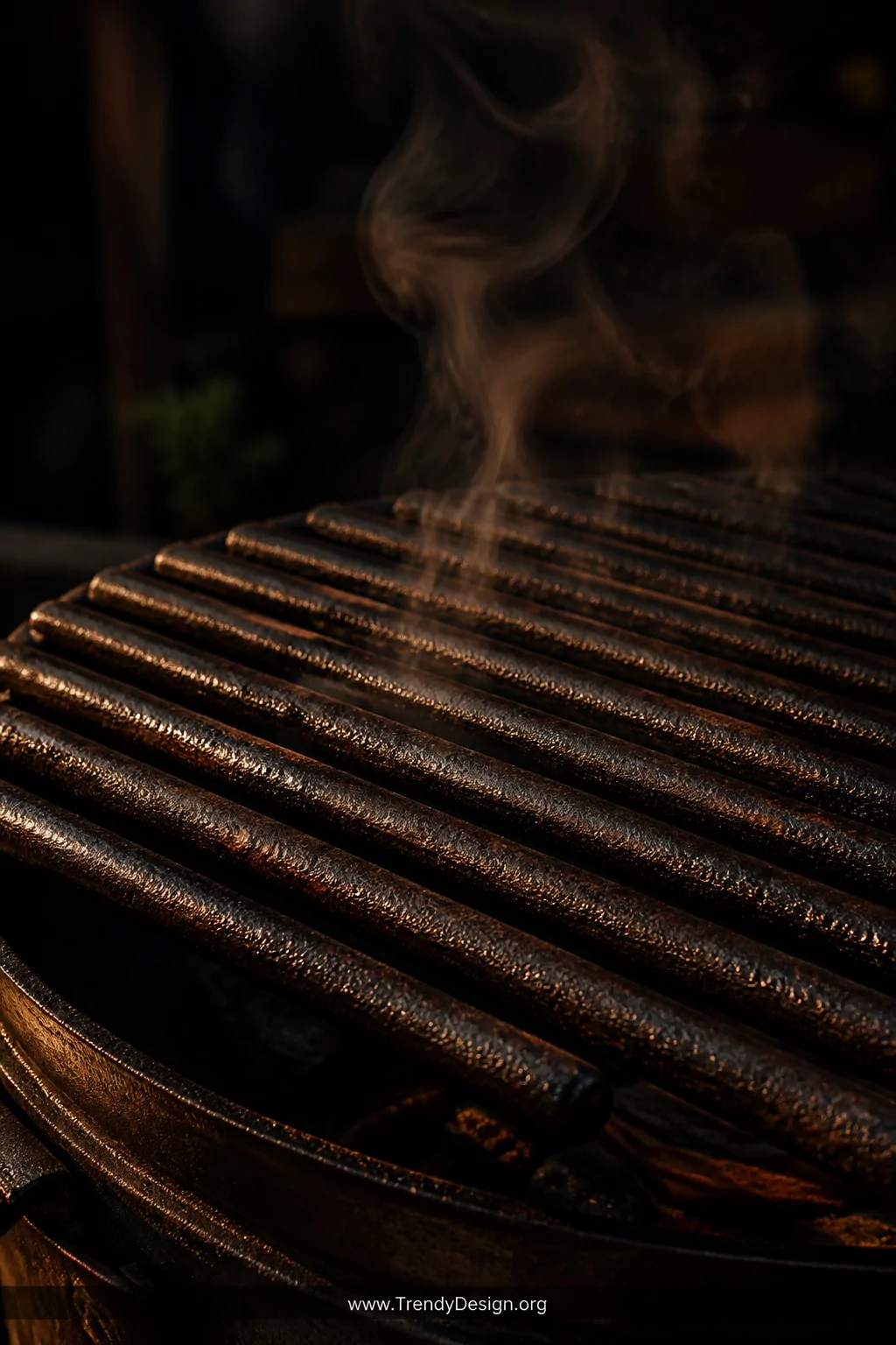 A close-up beauty shot of a cast iron rod grill grate showing deep crosshatch sear marks on its dark, well-seasoned surface, 