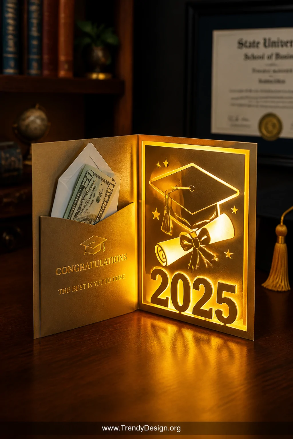 A medium shot of a golden LED graduation card propped open on a dark walnut desk, a diploma scroll and mortarboard cutout des