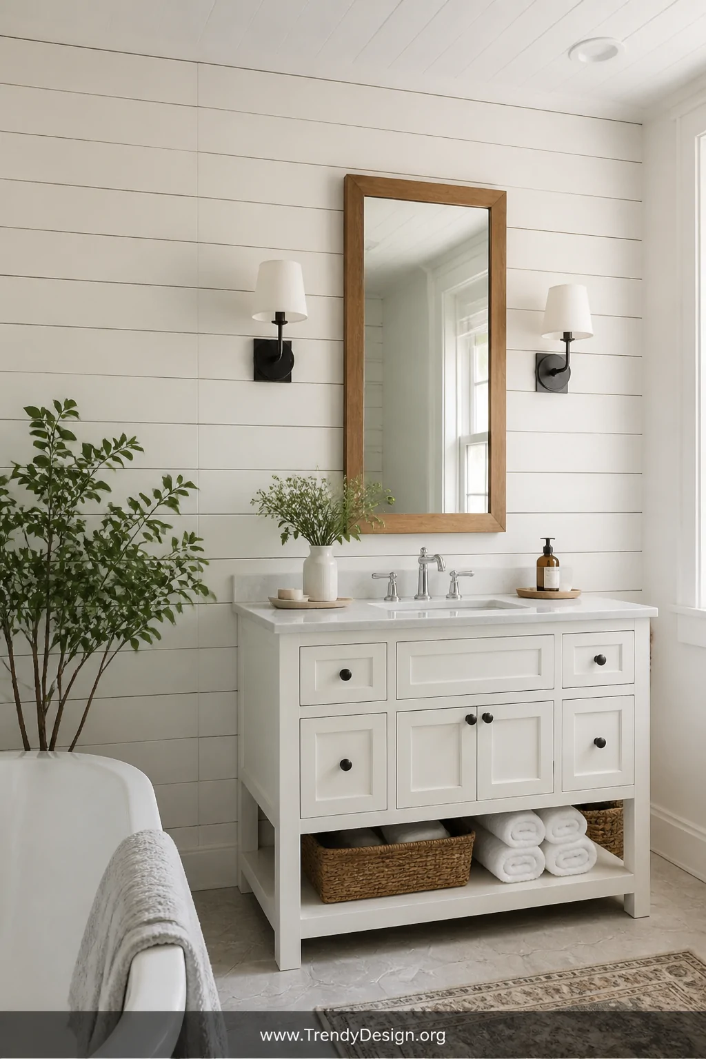 Wide-angle photorealistic shot of a bright farmhouse bathroom featuring crisp white horizontal shiplap planks covering the ac