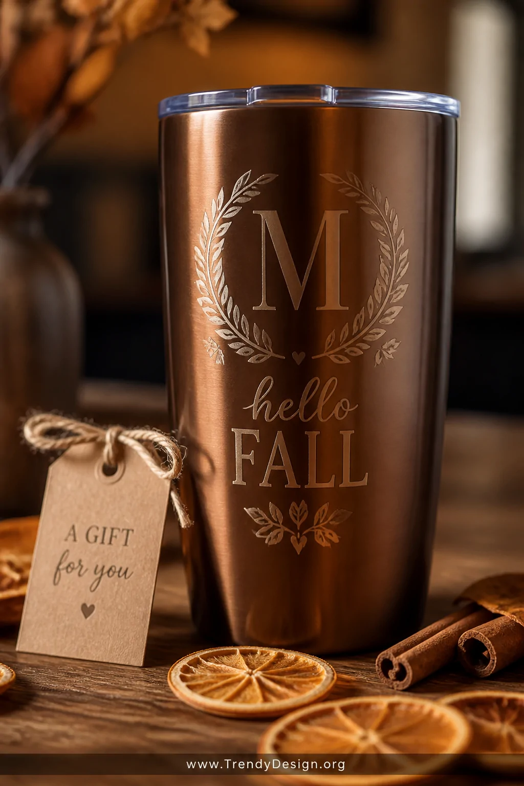 A closeup detail shot of an engraved stainless steel tumbler in a warm autumn tone sitting on a wooden surface beside a small