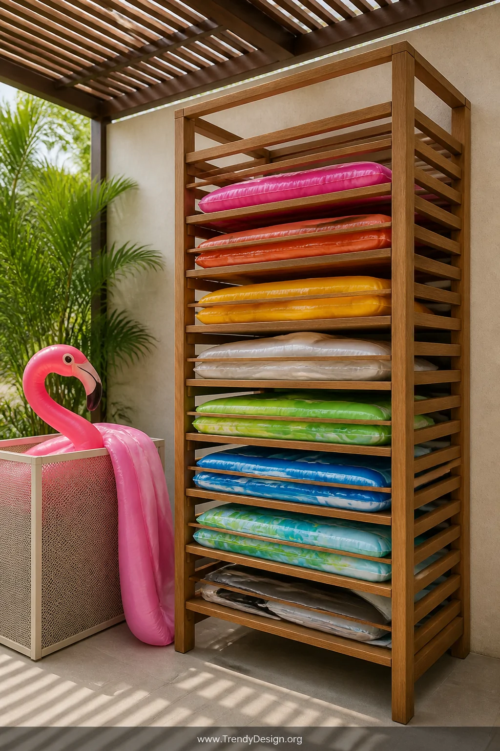 Medium shot of an open slatted wooden rack holding colorful deflated pool floats with visible air gaps between each slot, a m