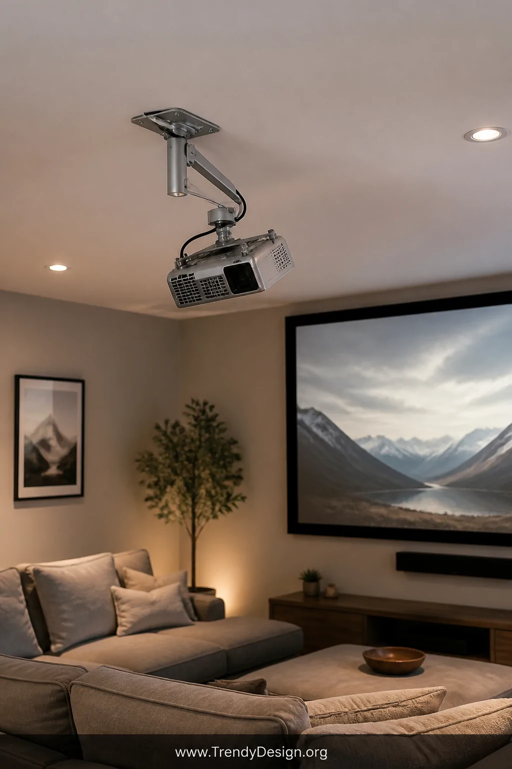 Medium shot of a living room with a slightly off-center ceiling position featuring a silver adjustable tilting projector moun