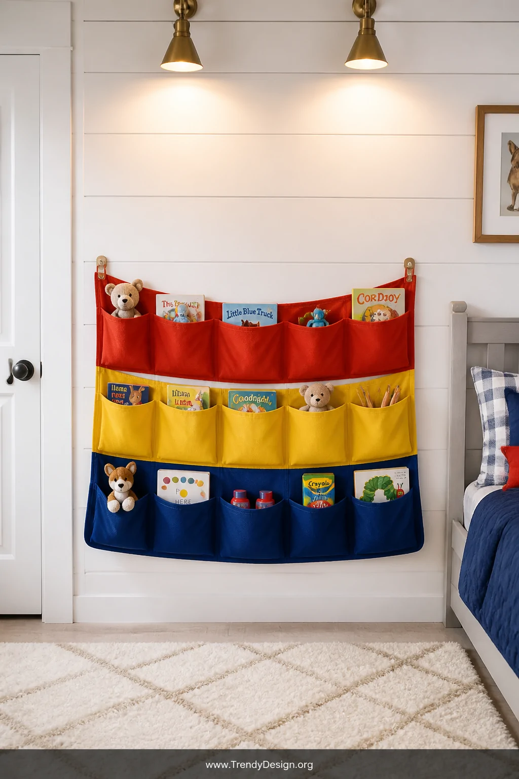A medium shot of a bright children's bedroom wall featuring a colorful hanging fabric pocket organizer in primary red, yellow