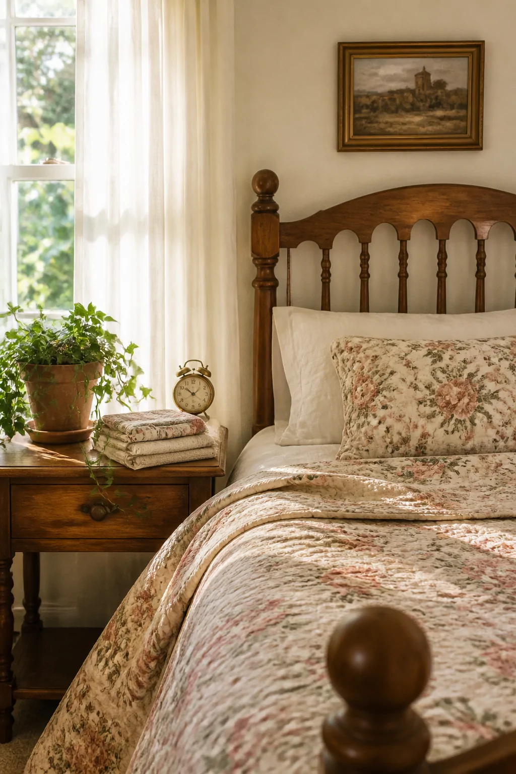 Medium shot of a sunlit bedroom corner showing a neatly made bed with a well-washed, beautifully faded vintage floral cotton 