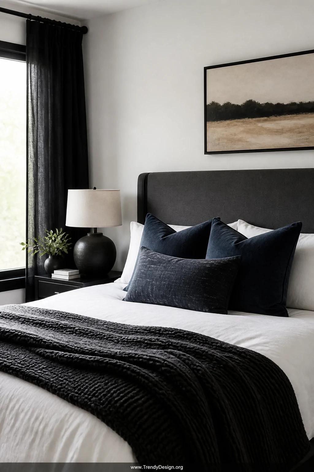 Medium shot of a serene bedroom centered on a dark charcoal upholstered linen headboard against a clean white wall, a bed dre