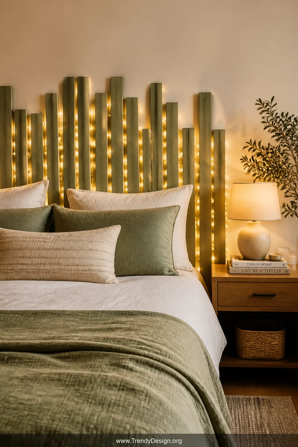 A wide bedroom shot featuring a freestanding tabletop headboard accent of vertically arranged wood slats in varying heights p