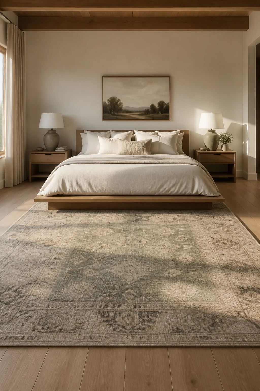 Wide photorealistic shot of a beautifully styled bedroom where a large muted sage and ivory area rug is positioned with two-t
