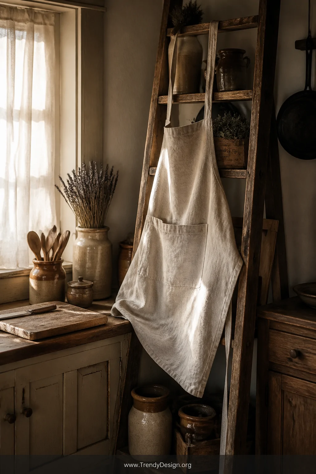 A wide shot of a rustic farmhouse kitchen with a natural stone-washed linen apron draped over a worn wooden ladder shelf, war
