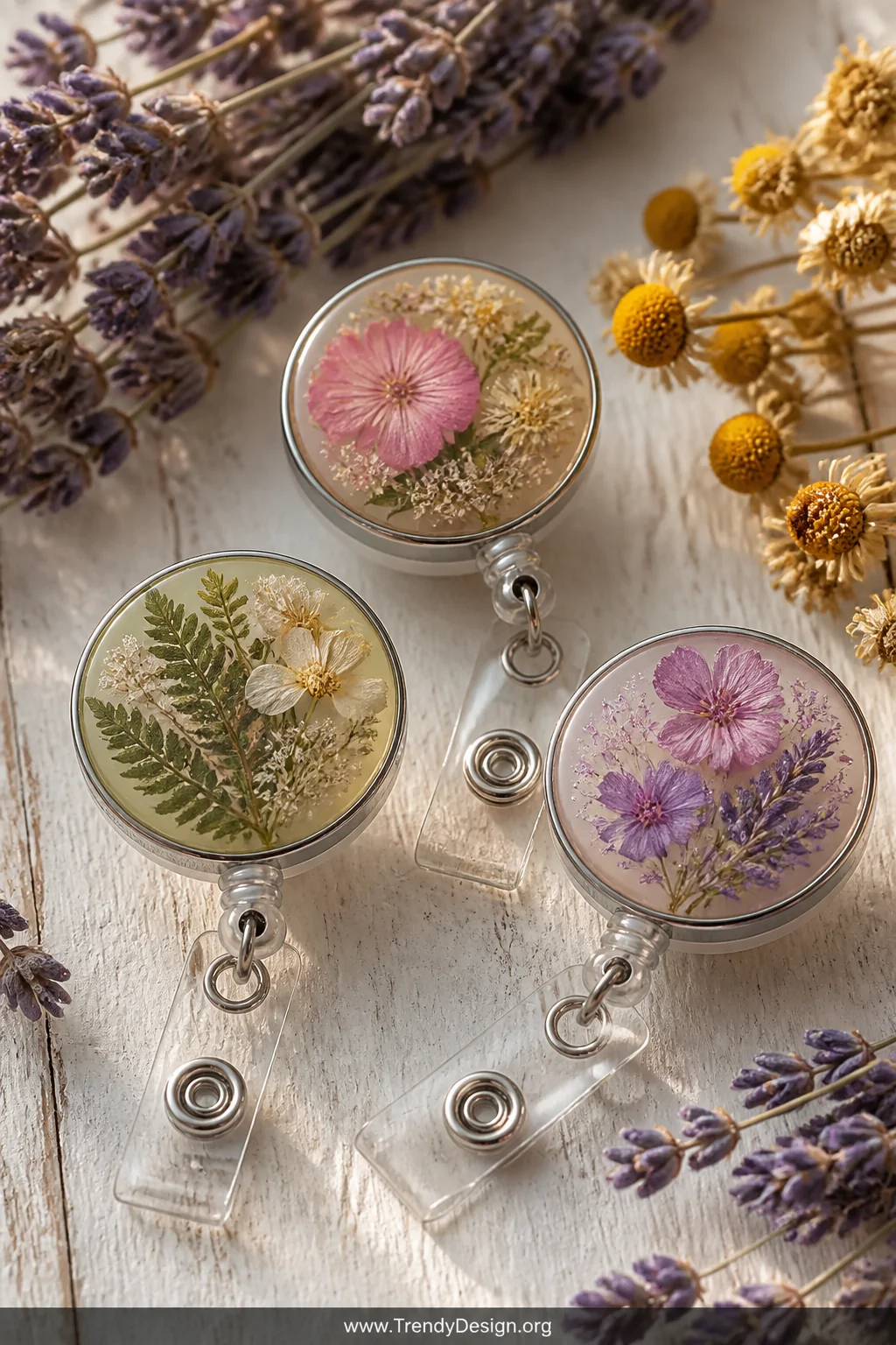 A close-up macro shot of three delicate handmade resin badge reels resting on a weathered white wooden surface surrounded by 