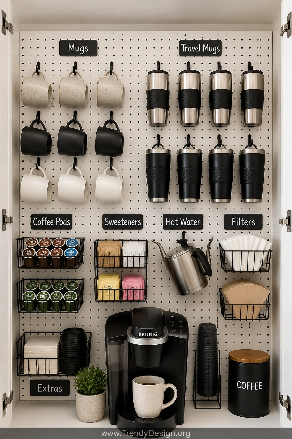 Detail shot of a white pegboard mounted to the back wall of a closet coffee station, densely organized with matte black metal