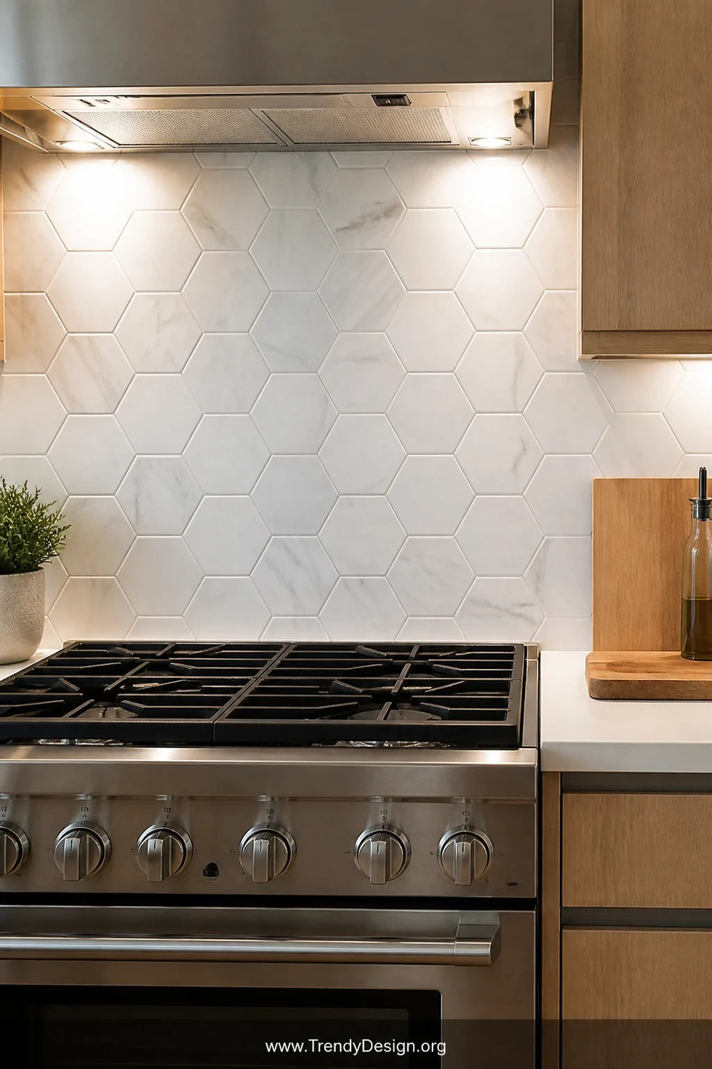 A medium shot of a bright kitchen backsplash behind a stainless steel stove featuring freshly installed peel-and-stick classi