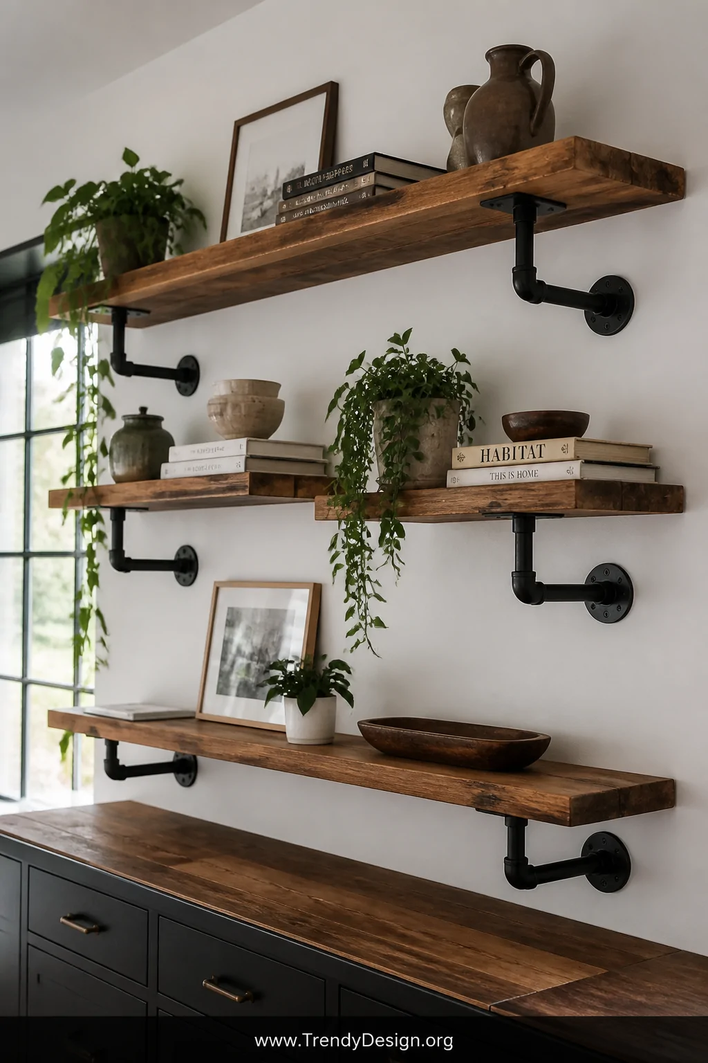 Medium-wide shot of a kitchen or home office wall featuring thick black metal conduit brackets mounted with pipe flanges supp