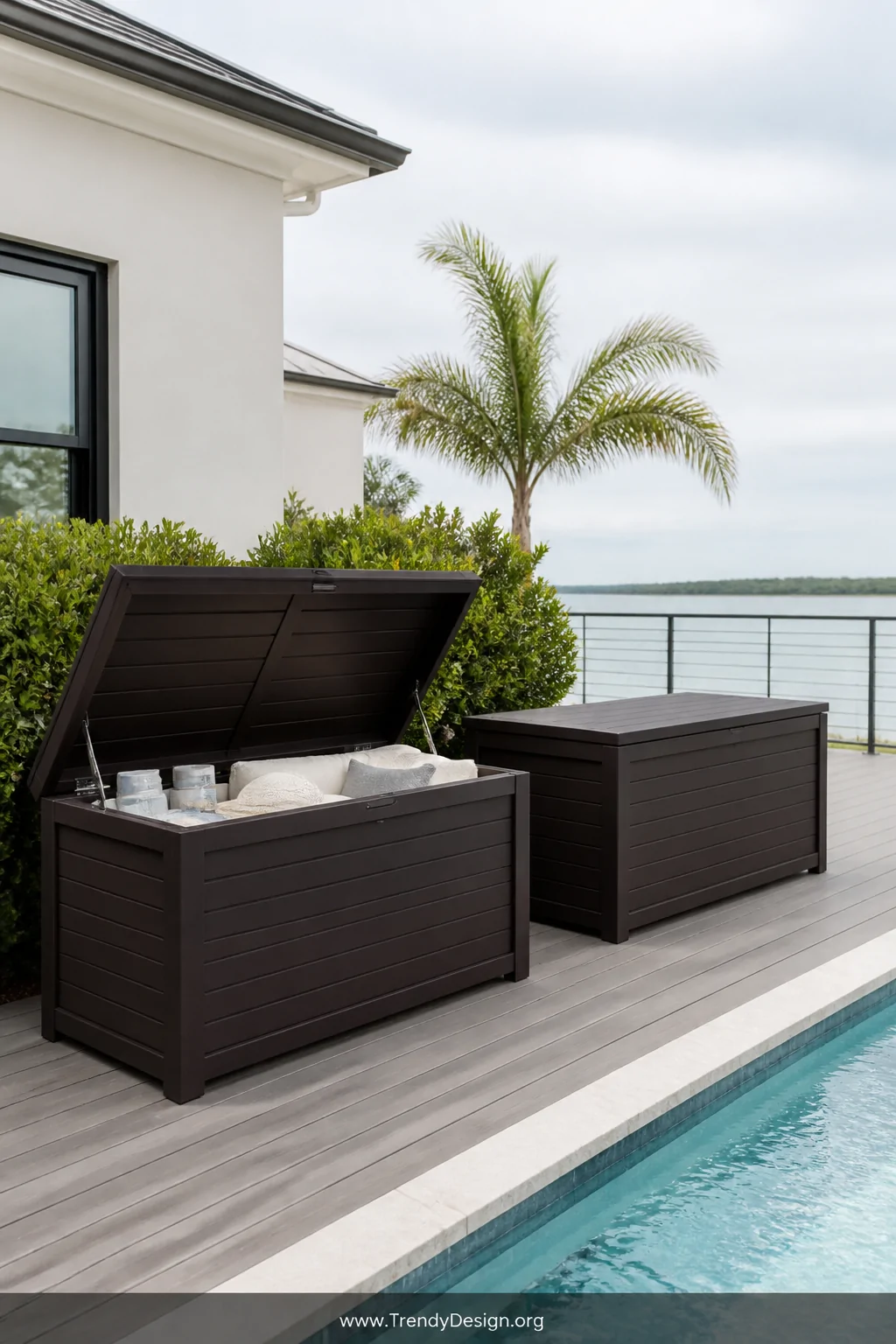 A medium shot of two large espresso-toned deck boxes with pneumatic hinged lids positioned on a modern gray composite deck ne