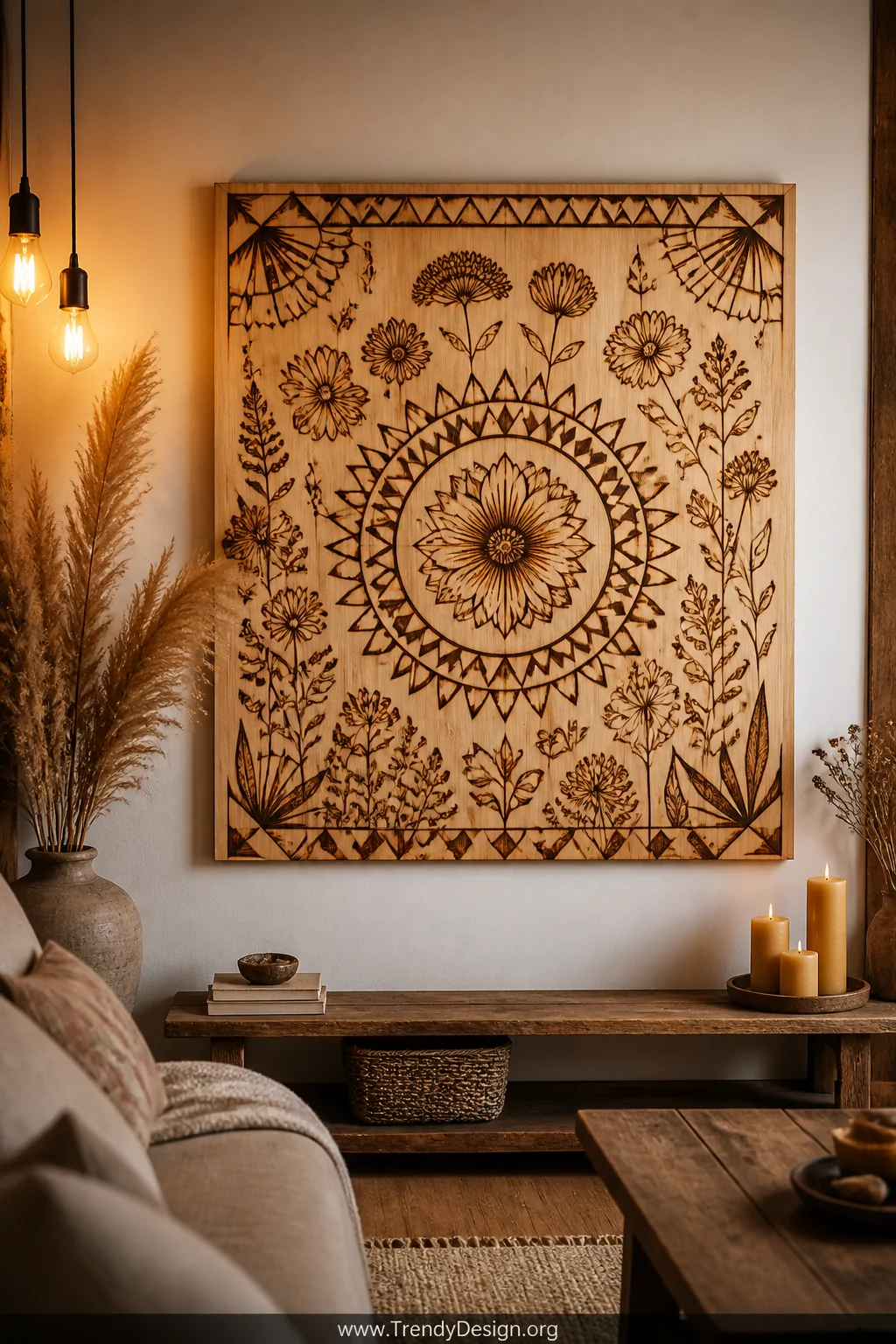 A wide shot of a cozy farmhouse living room wall displaying a large pyrography wood art panel featuring intricate burned flor