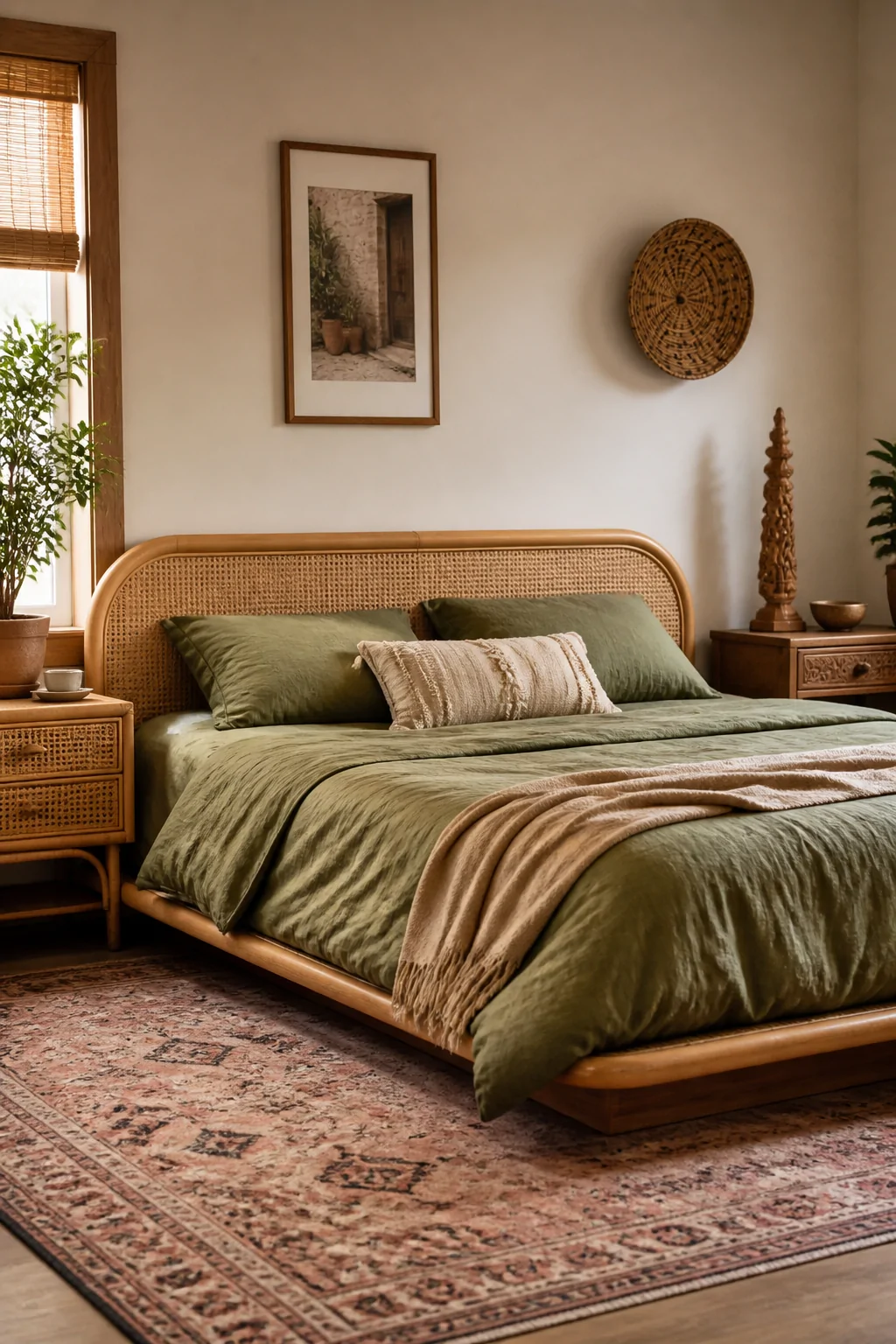 Medium photorealistic shot of a low rattan headboard bed frame sitting close to the floor atop a pink Persian-style medallion