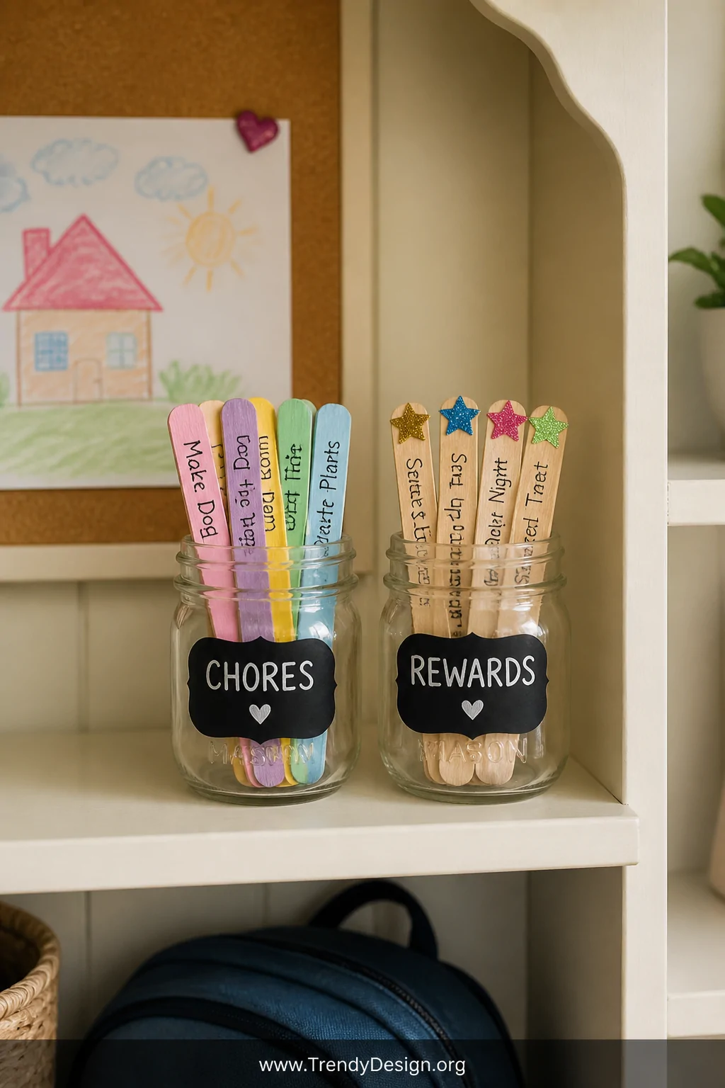 A medium shot of a bright, cheerful kitchen nook featuring two small mason jars side by side on a painted wooden shelf, one j
