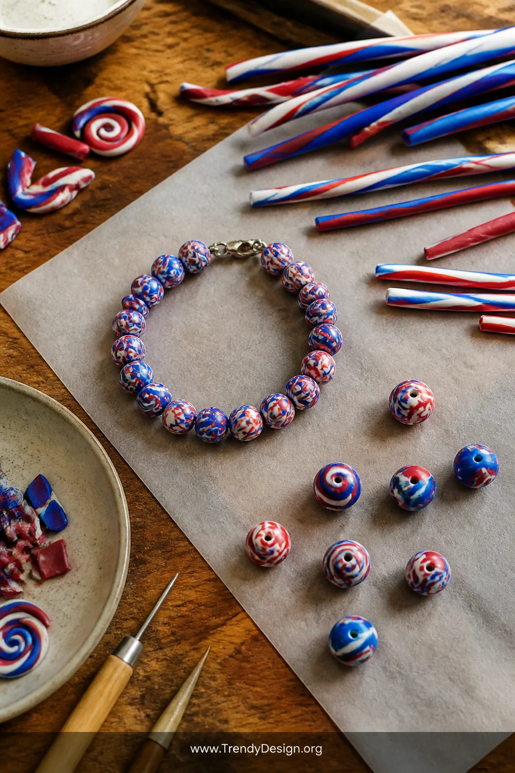 A medium overhead shot of a rustic craft workspace with scattered polymer clay twists in red, white, and blue marbled swirls,